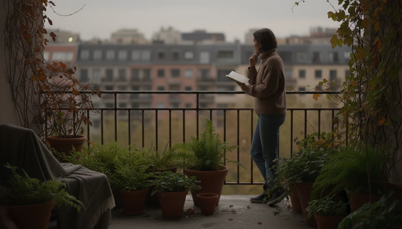 Person on a shaded urban balcony observing dim autumn light, holding a notebook next to pots and ferns.
