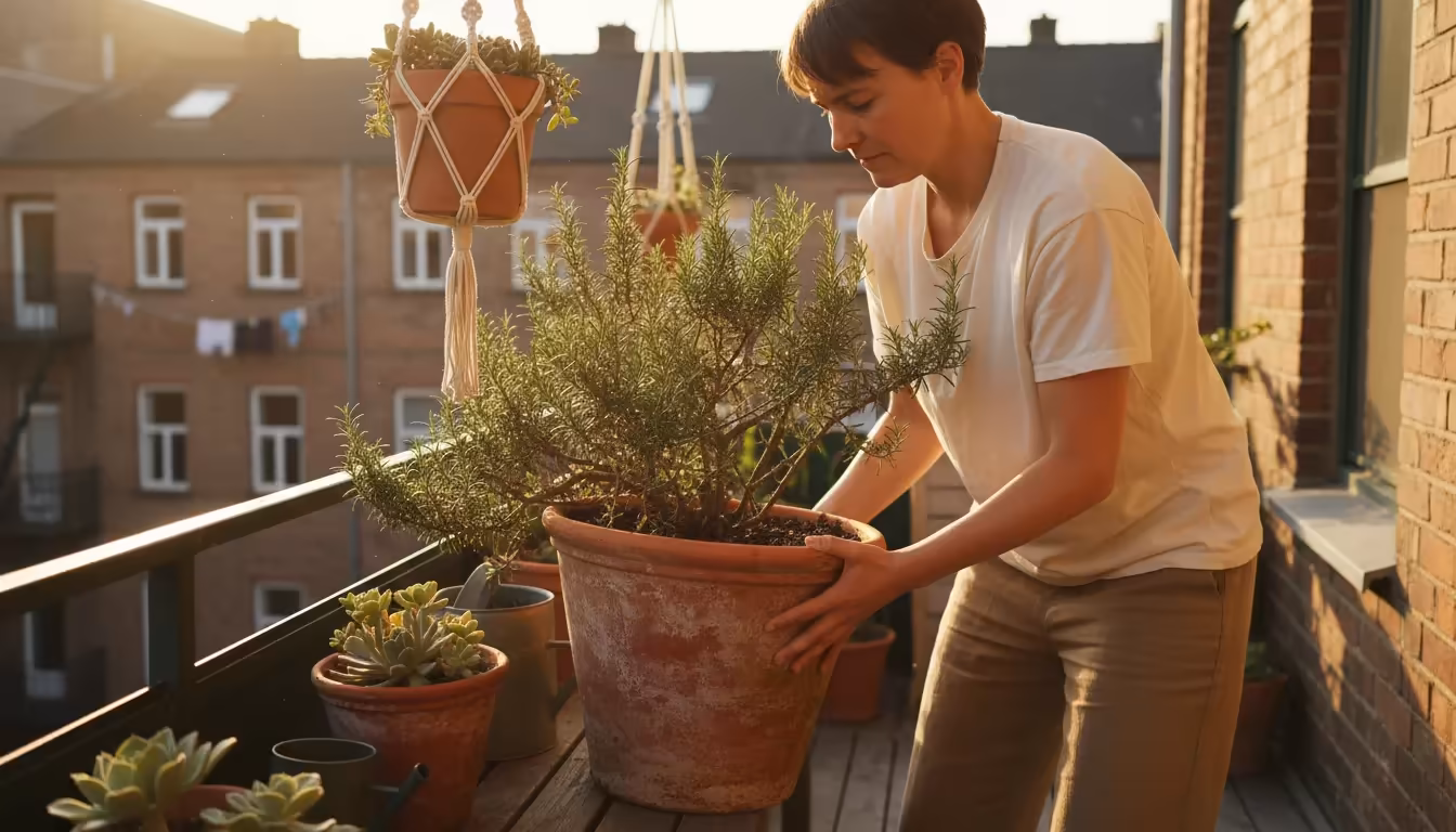 Person carefully shifts a heavy terracotta pot with a mature rosemary on a small balcony, gently guiding a fragile trailing plant.