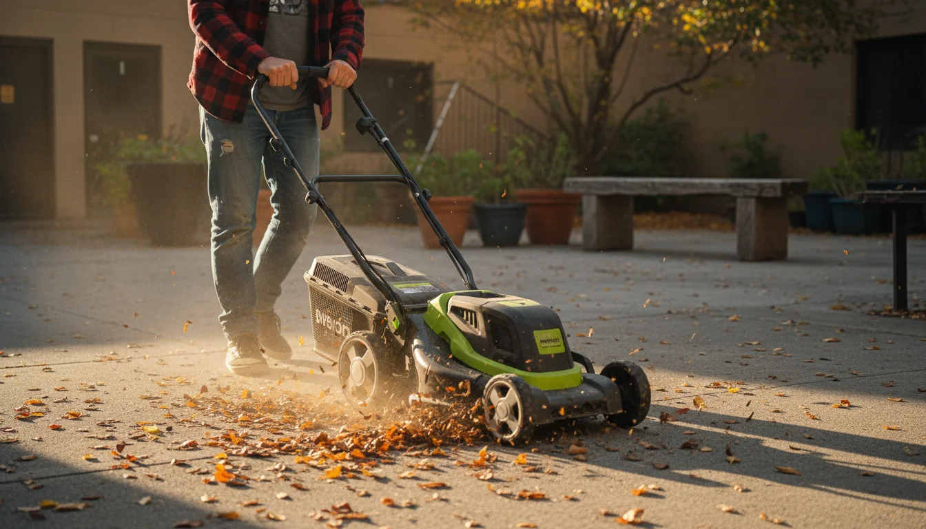 A person shreds dry autumn leaves on a concrete patio using a compact battery-powered electric lawn mower, preparing mulch.