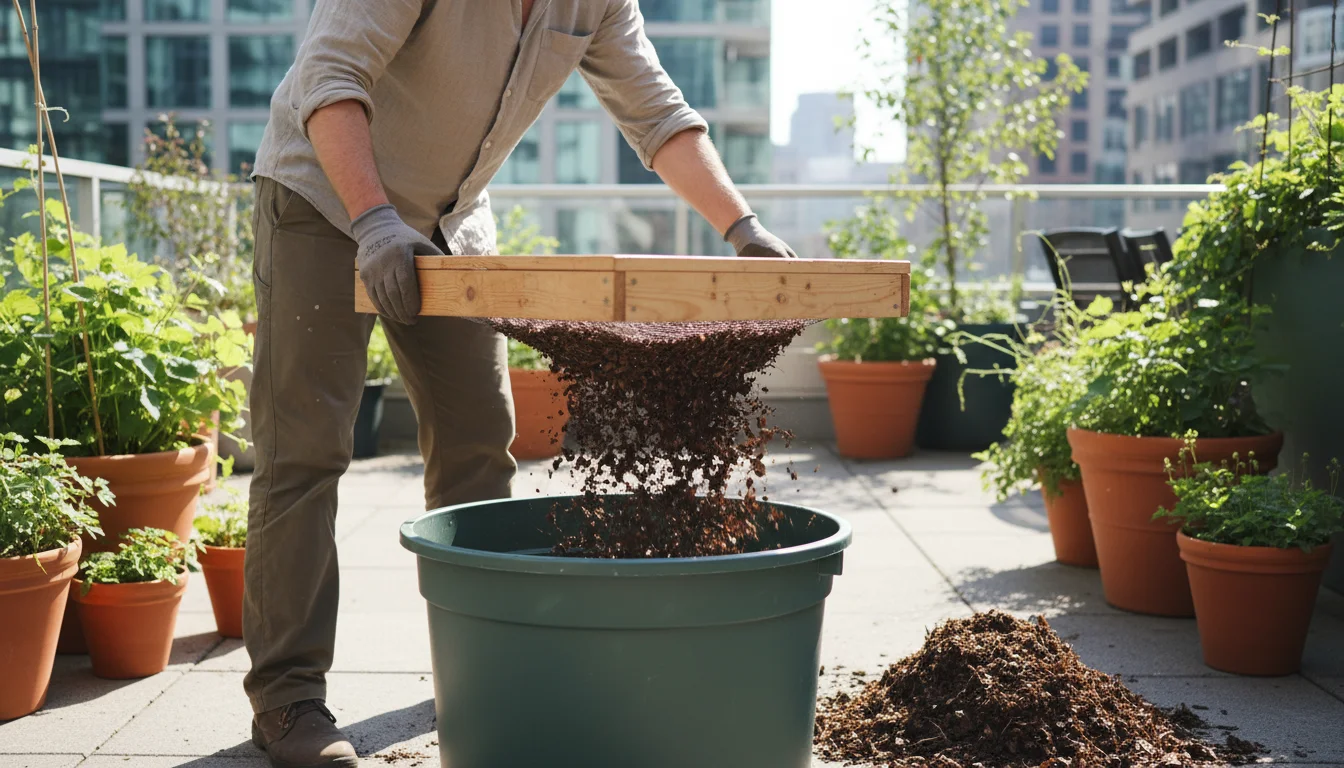 Person sieving dark, fluffy leaf mold through a DIY wooden sieve into a large green tub on a sunny patio, with potted plants nearby.