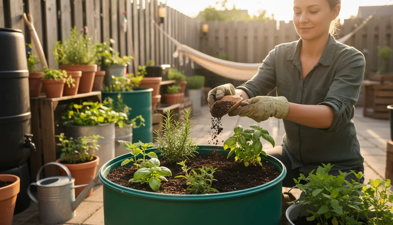 Person sifting rich compost onto a DIY self-watering herb container on a sunlit patio, with other containers and a rain barrel in background.
