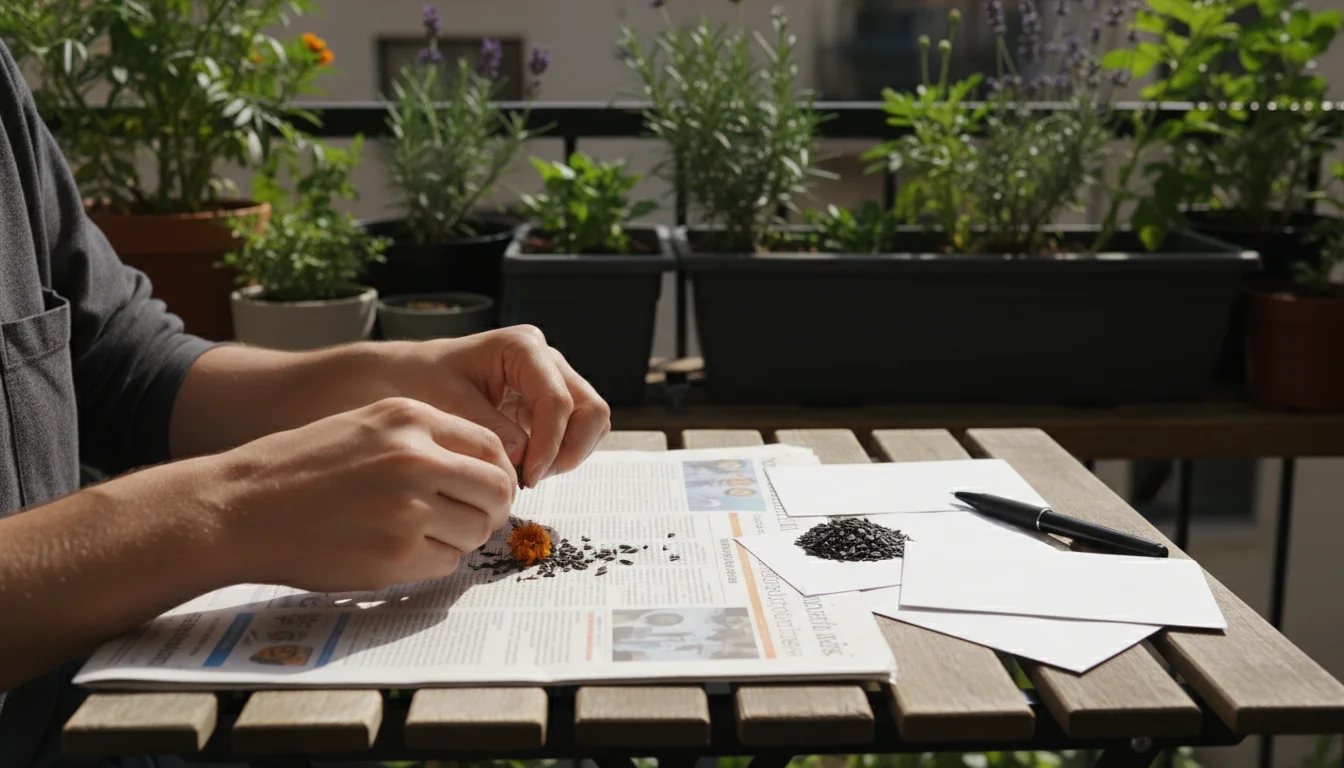 A person sifts dry marigold seeds onto newspaper on a balcony table, with paper envelopes and thriving container plants in the background.