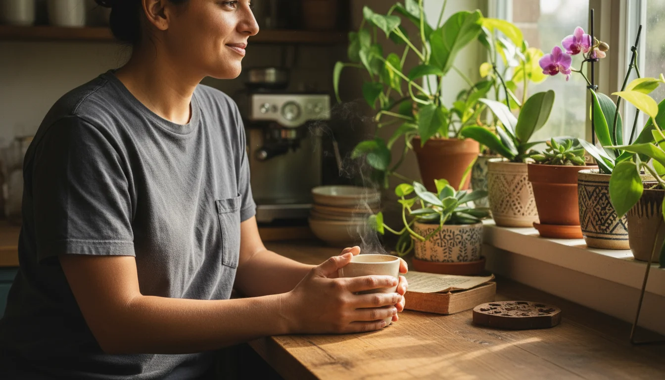 A person sips coffee, gazing calmly at vibrant houseplants on a sun-dappled windowsill, in soft morning light.