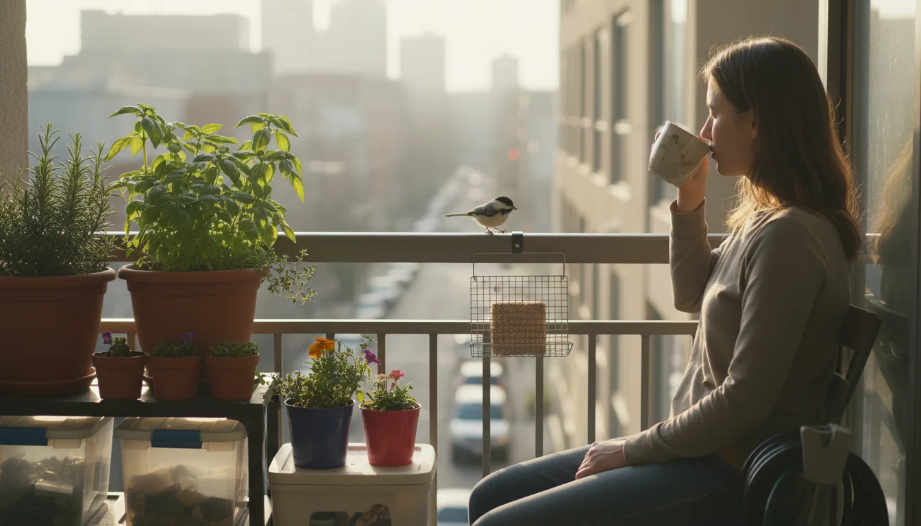 A person sips coffee on an urban balcony, watching a chickadee feed from a suet feeder surrounded by potted plants.