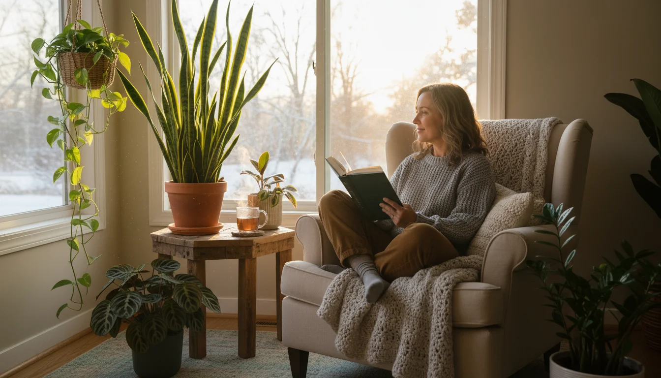 A person sits in an armchair, calmly looking at a tall snake plant and other houseplants in a sunlit living room corner.