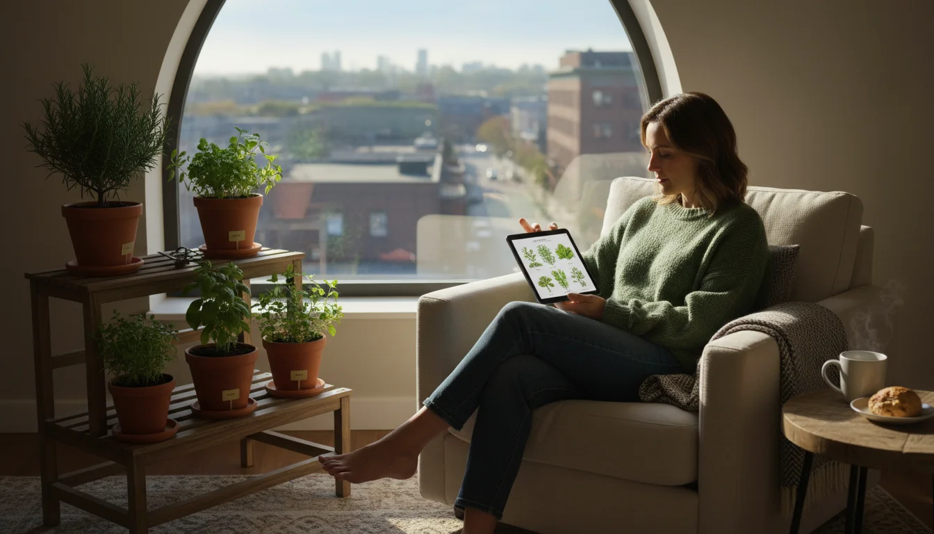 A person sits in an armchair by a window, looking at small potted herbs on a shelf while holding a gardening book.