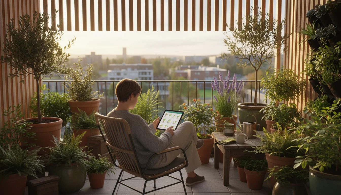 A person sits on a balcony chair, using a tablet displaying a garden planning app, surrounded by diverse thriving container plants and a vertical plan