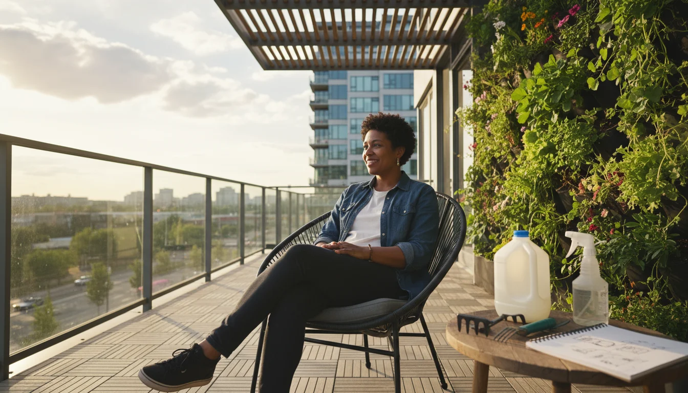 A person sits on a balcony with DIY garden tools and a notebook on a side table, a vertical garden behind them.