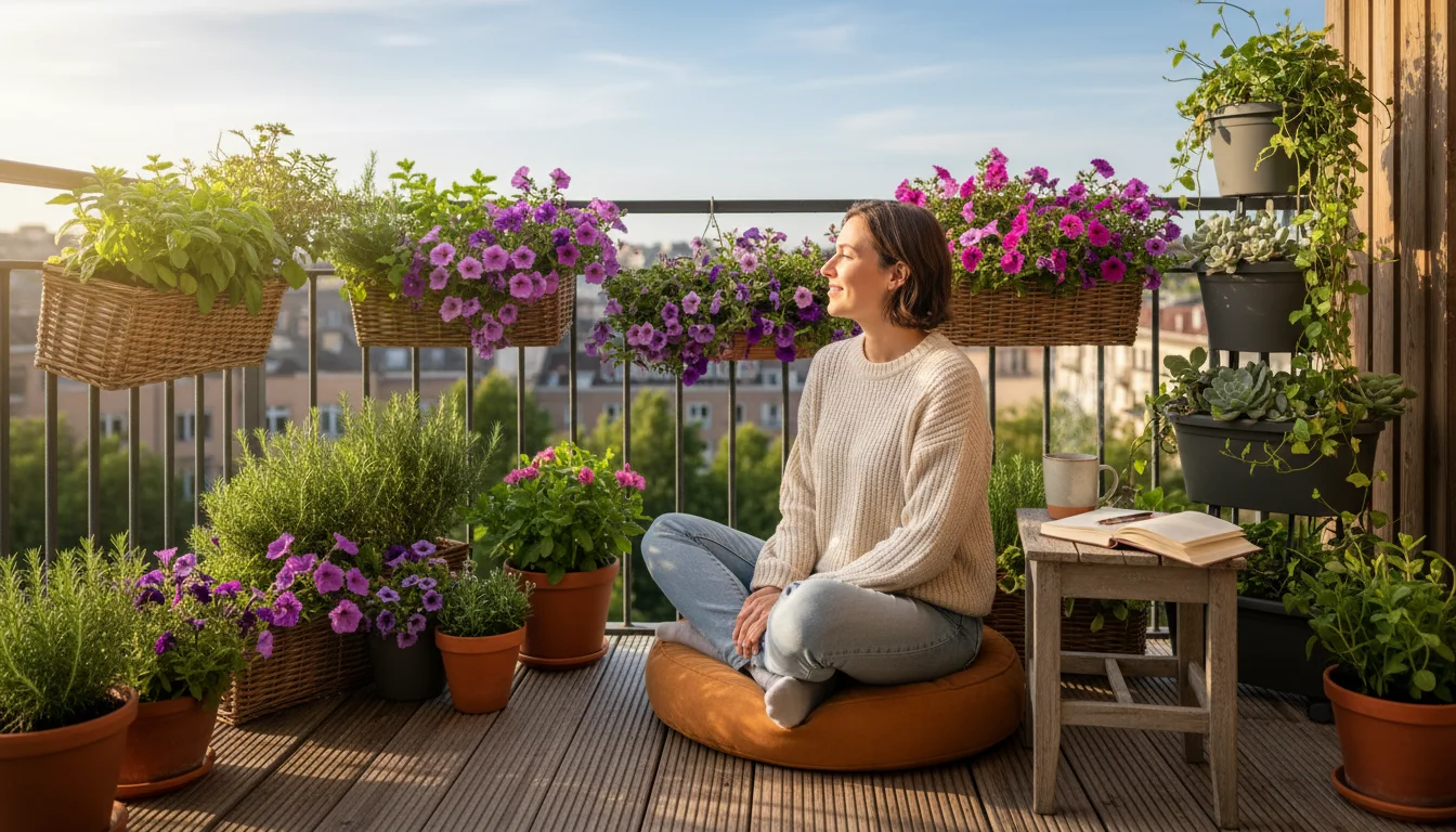 A person sits on a balcony with a journal and mug, surrounded by diverse container plants, envisioning their outdoor room's purpose.
