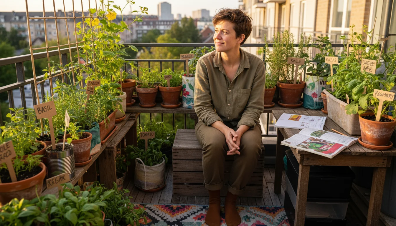 A person sits on a balcony, planning a container garden with seed catalogs and a notebook. Upcycled containers and a small compost bin are visible.
