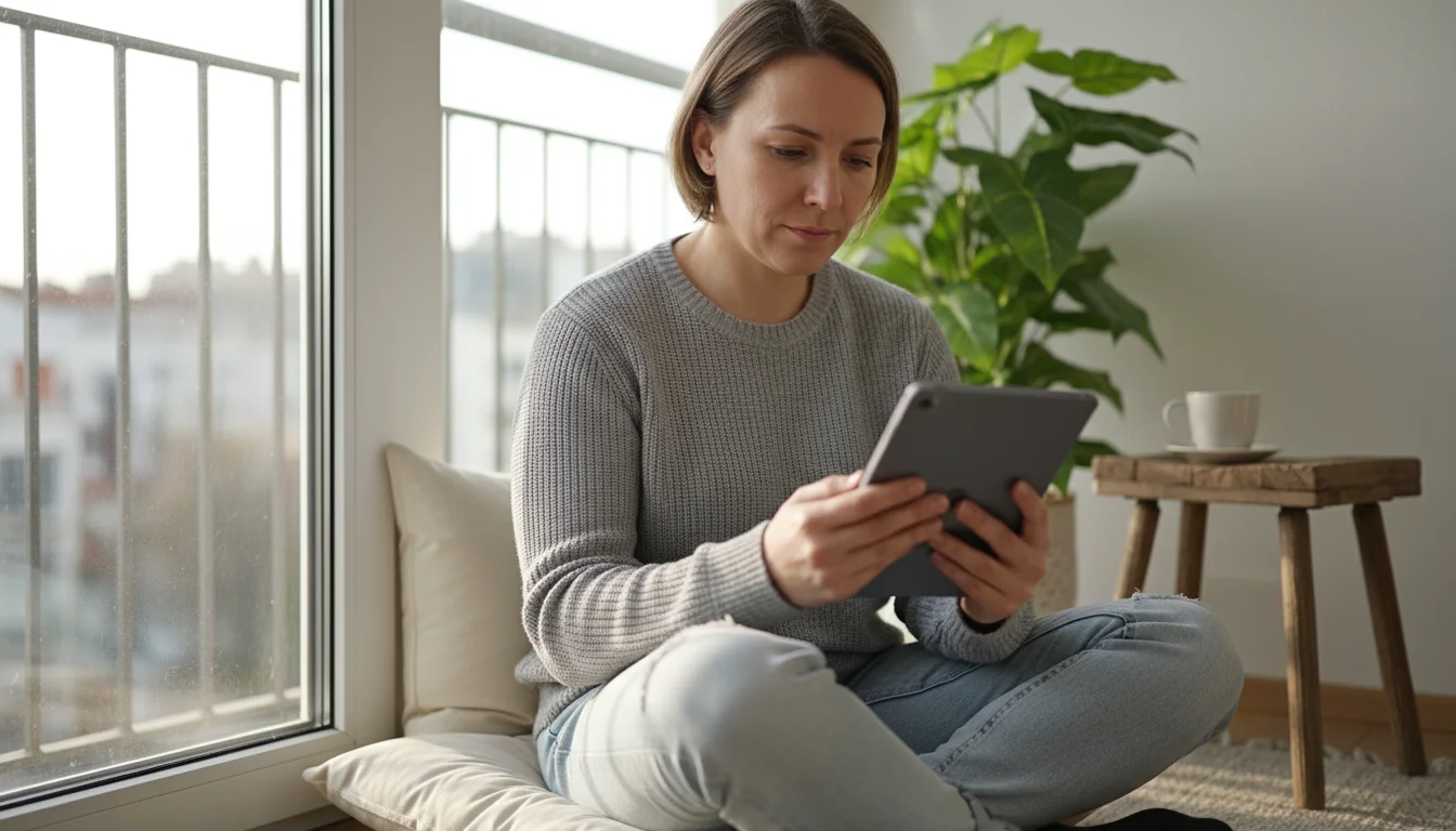 A person sits on a balcony surrounded by lush container plants, looking at a smartphone with a thoughtful expression.