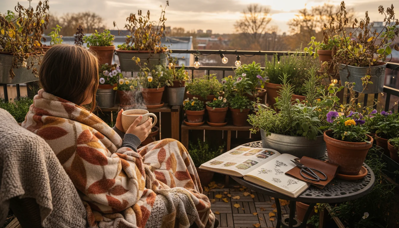 A person sits on a cozy balcony, reviewing an open seed catalog and notebook on a small table, surrounded by container plants in late autumn.