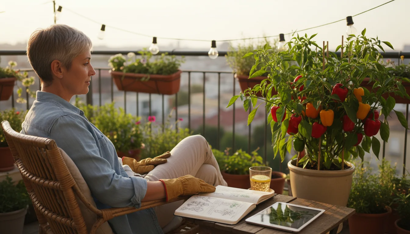 A person sits on a patio chair, holding a journal and thoughtfully observing container pepper plants on a cozy balcony.