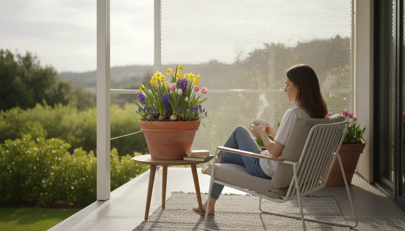 A person sits on a patio chair with a mug, gazing contentedly at a container of vibrant spring bulbs on a small side table.