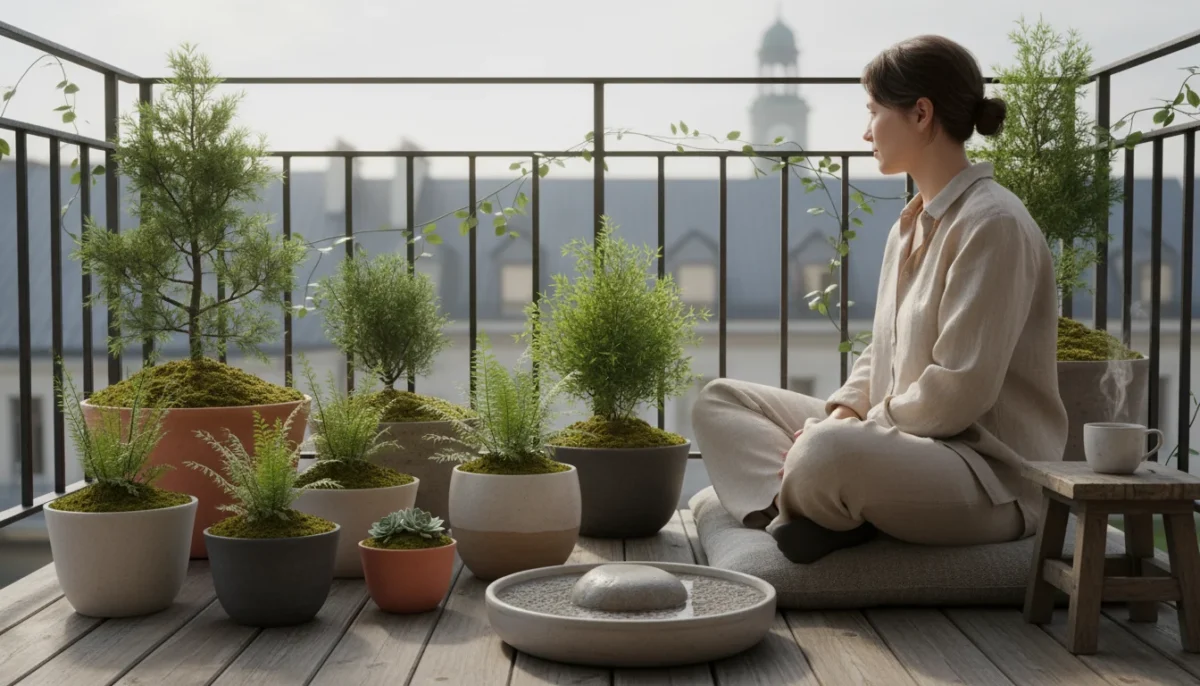 A person sits peacefully on a cushion on a small urban balcony, surrounded by container plants like dwarf conifers, ferns, and moss.