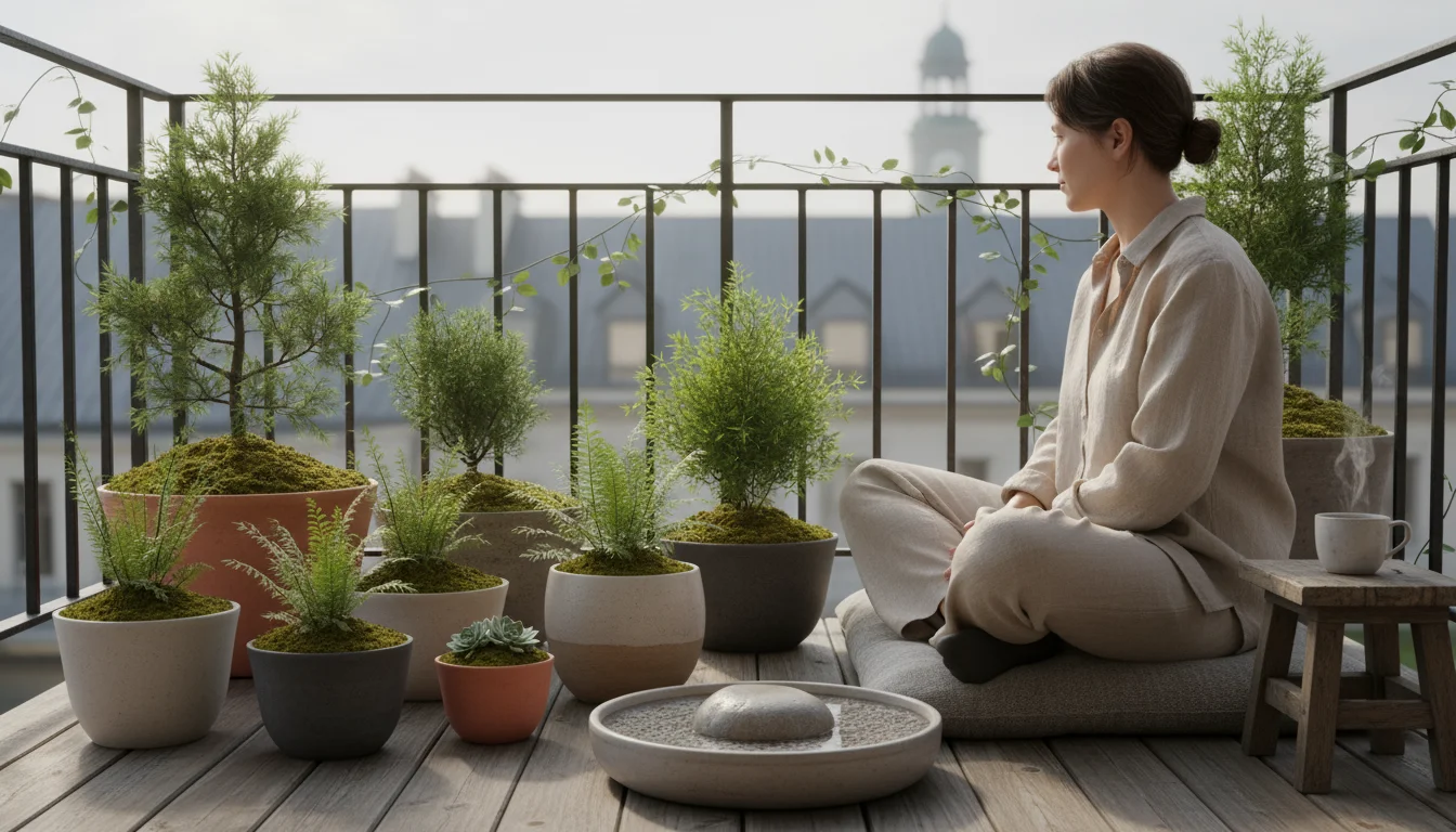 A person sits peacefully on a cushion on a small urban balcony, surrounded by container plants like dwarf conifers, ferns, and moss.