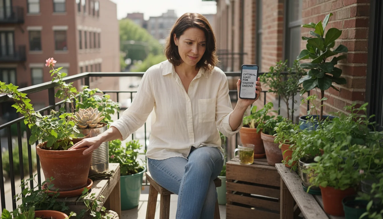 A person sits on a small urban balcony, looking at a plant care article on their smartphone, surrounded by potted plants.