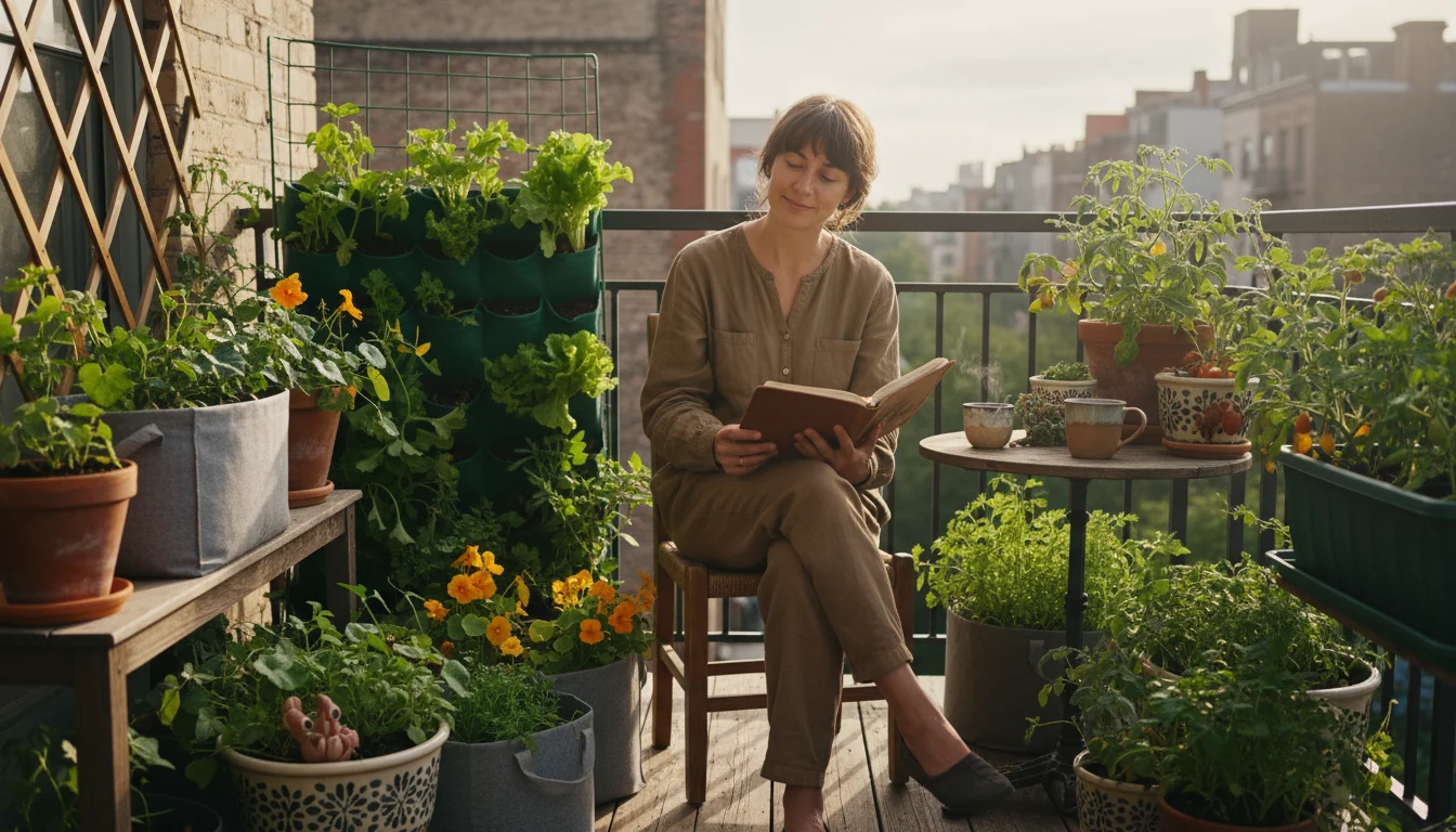 A person sits on a sun-dappled urban balcony, surrounded by lush, thriving container plants, holding a gardening journal.