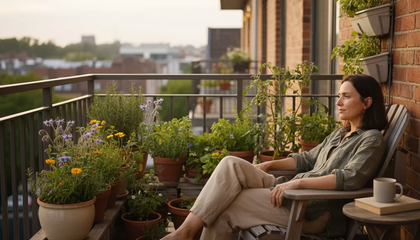 A person sits thoughtfully on a balcony chair, observing container plants in soft late afternoon light, a mug and journal nearby.