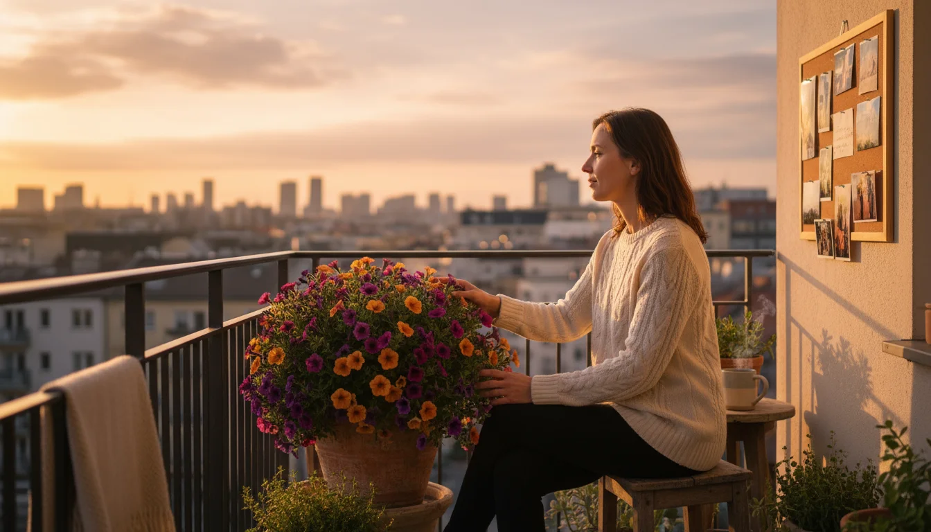 A person sits thoughtfully on a small balcony amidst various container plants, observing subtle fall changes in the warm light.