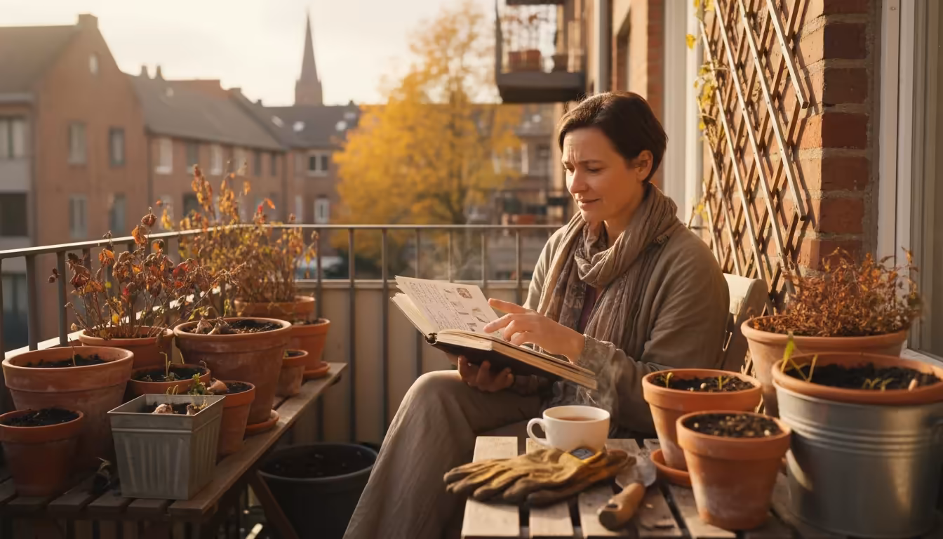 A person sits thoughtfully on an urban balcony, reviewing notes in a journal amidst various container pots, reflecting on gardening knowledge.