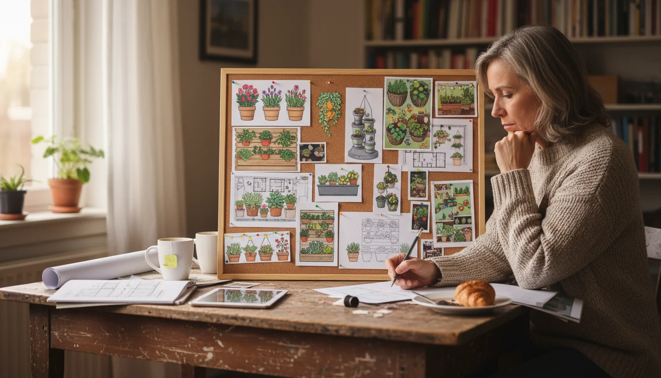 A person sits at a wooden table, intensely studying a cork dream board covered with images of container plants and garden designs, with a bare urban b