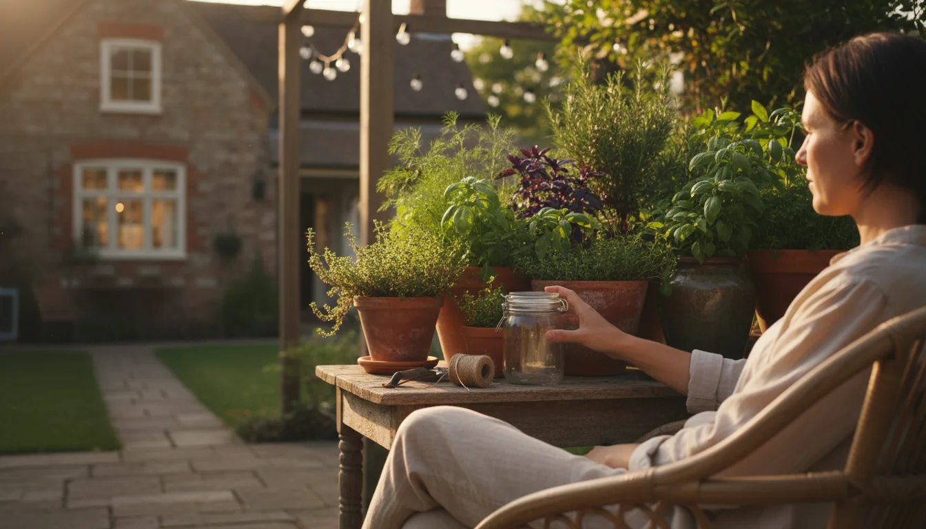 Person sitting on a patio chair, hand resting on an empty glass jar, surrounded by thriving potted herbs in warm sunset light.