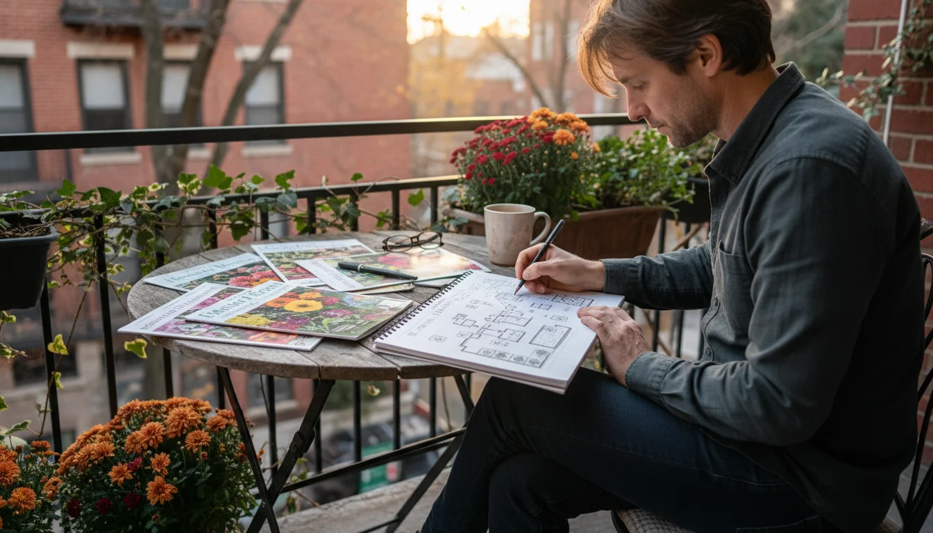 A person sketches a garden layout in a notebook on a balcony table, surrounded by open seed catalogs. Empty pots are in the background.