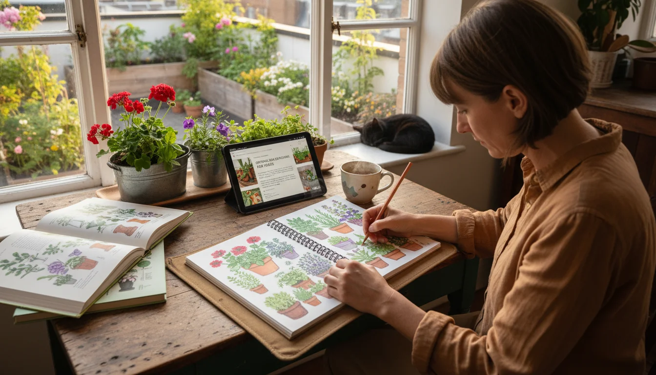 A person sketching garden plans at a table with books and a tablet, looking out at a dormant balcony.
