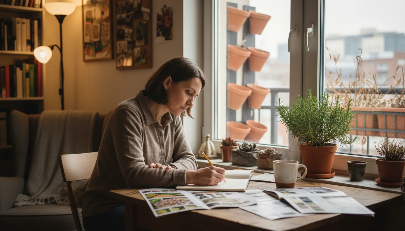 Person sketching garden plans by a window overlooking a dormant winter balcony, with an indoor herb on the windowsill.