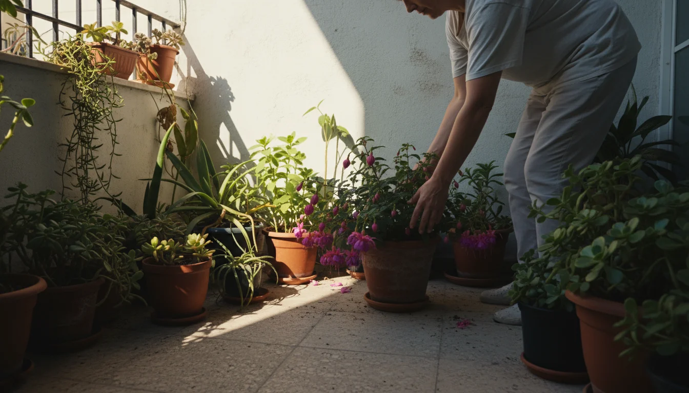 Person gently slides a terracotta pot with a fuchsia plant from a sunlit spot into the shade on an urban balcony, showing light zones.