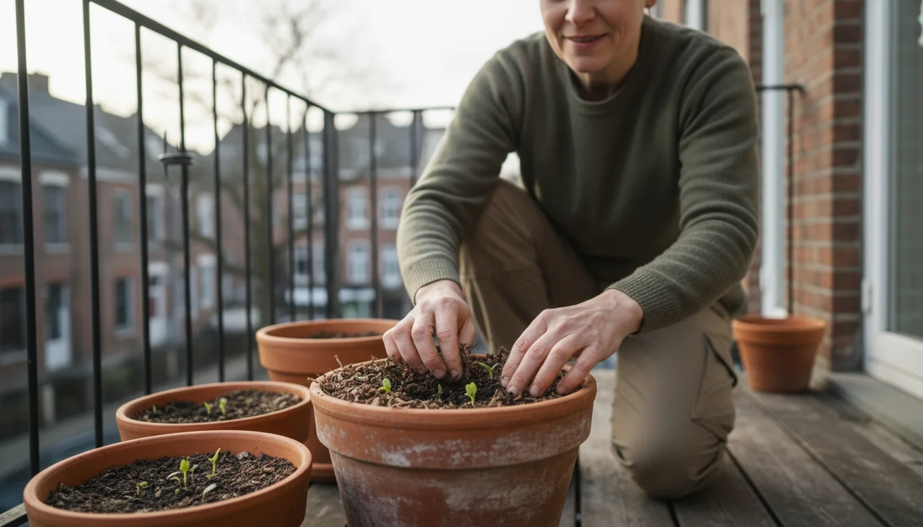 A person on a small balcony gently brushes away winter leaves from a terracotta pot, revealing tiny green perennial shoots emerging from the soil.