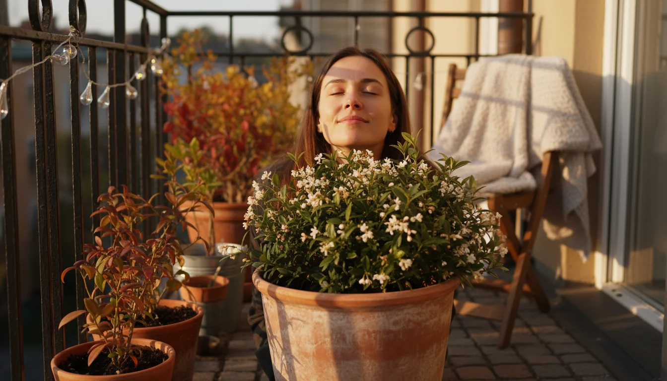 Person on a small balcony, eyes closed, smelling a fragrant plant in a terracotta pot, surrounded by other potted plants.