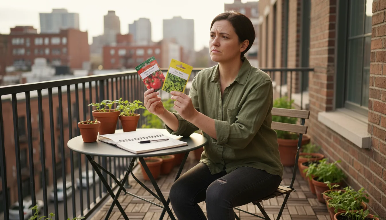 Person on a small balcony holding seed packets, next to an open notebook and empty pots on a bistro table.
