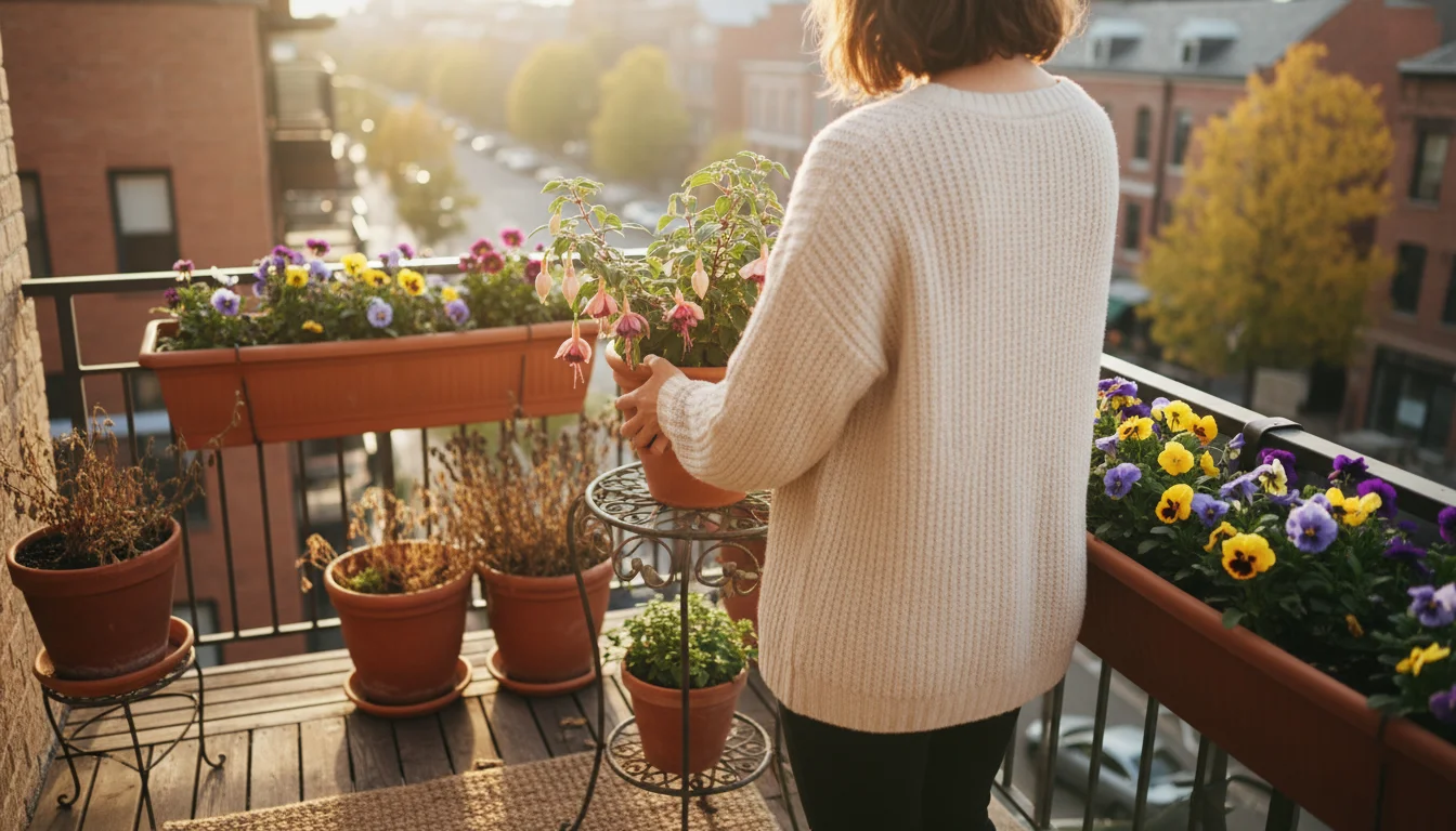 A person on a small balcony carefully lifts a potted fuchsia, surrounded by other containers showing spent summer plants and new cool-season flowers.