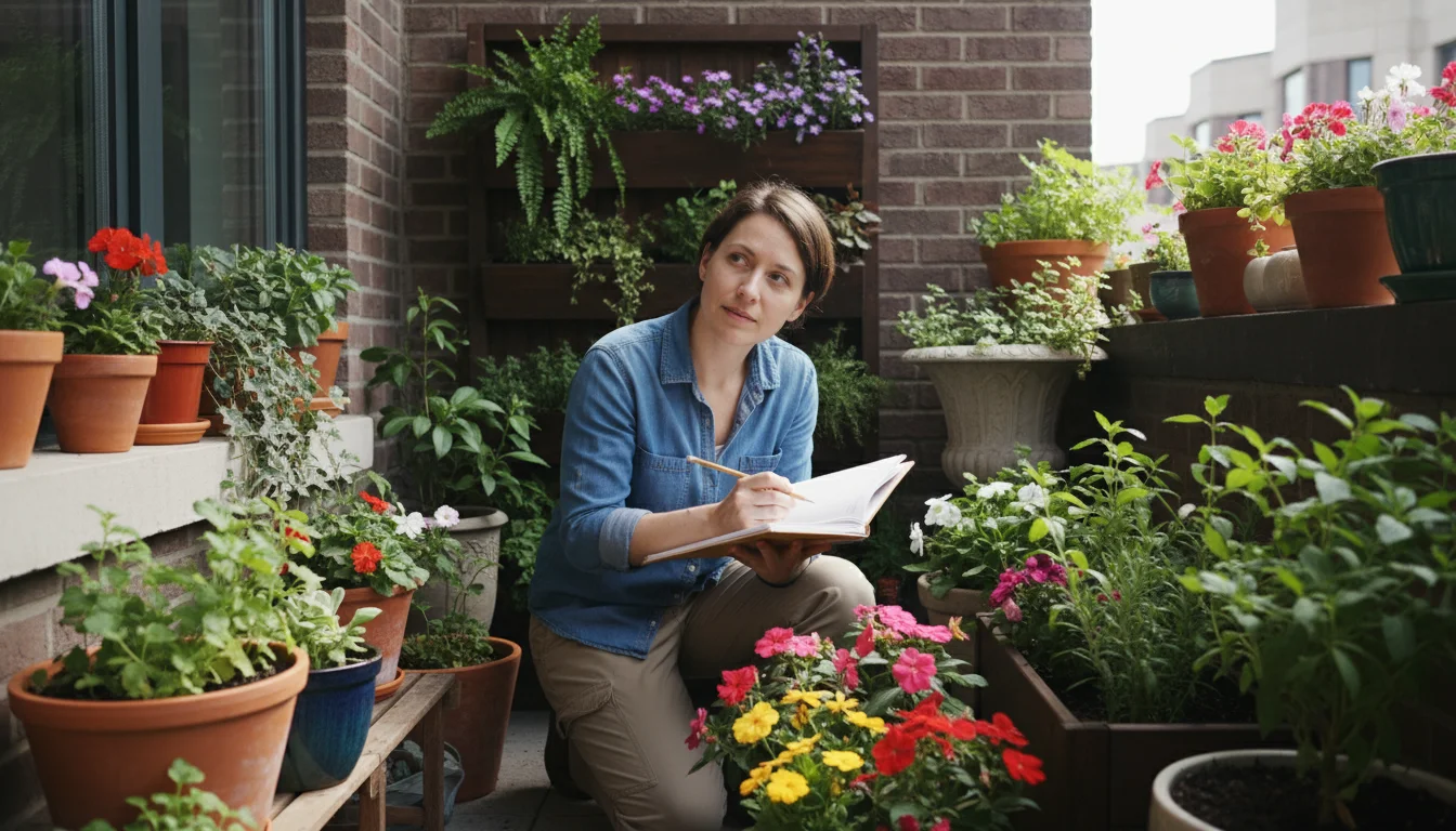A person on a small balcony reviews notes in a gardening journal, surrounded by potted plants, planning arrangements.