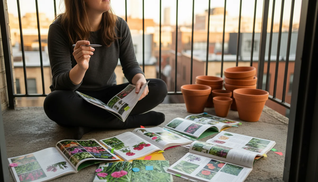 Person on a small balcony surrounded by open seed catalogs, with a pen in hand and a thoughtful expression, planning their garden.