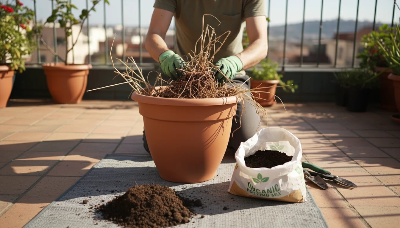 Person on a small patio clearing old plant remains from a terracotta pot, with tired potting mix, fresh compost, and a trowel ready for renewal.