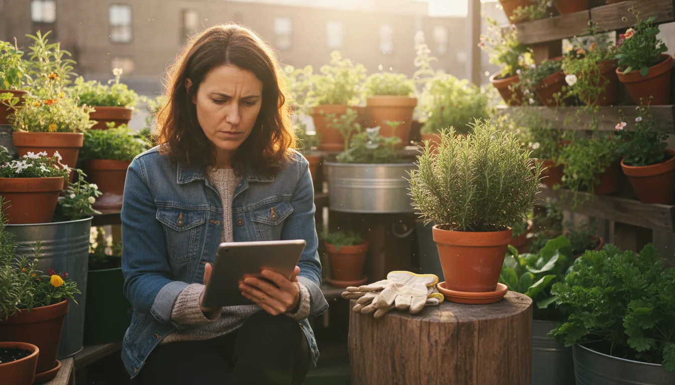 Person on a small patio reads a tablet surrounded by a container garden, gardening gloves and a potted herb on a nearby stool.