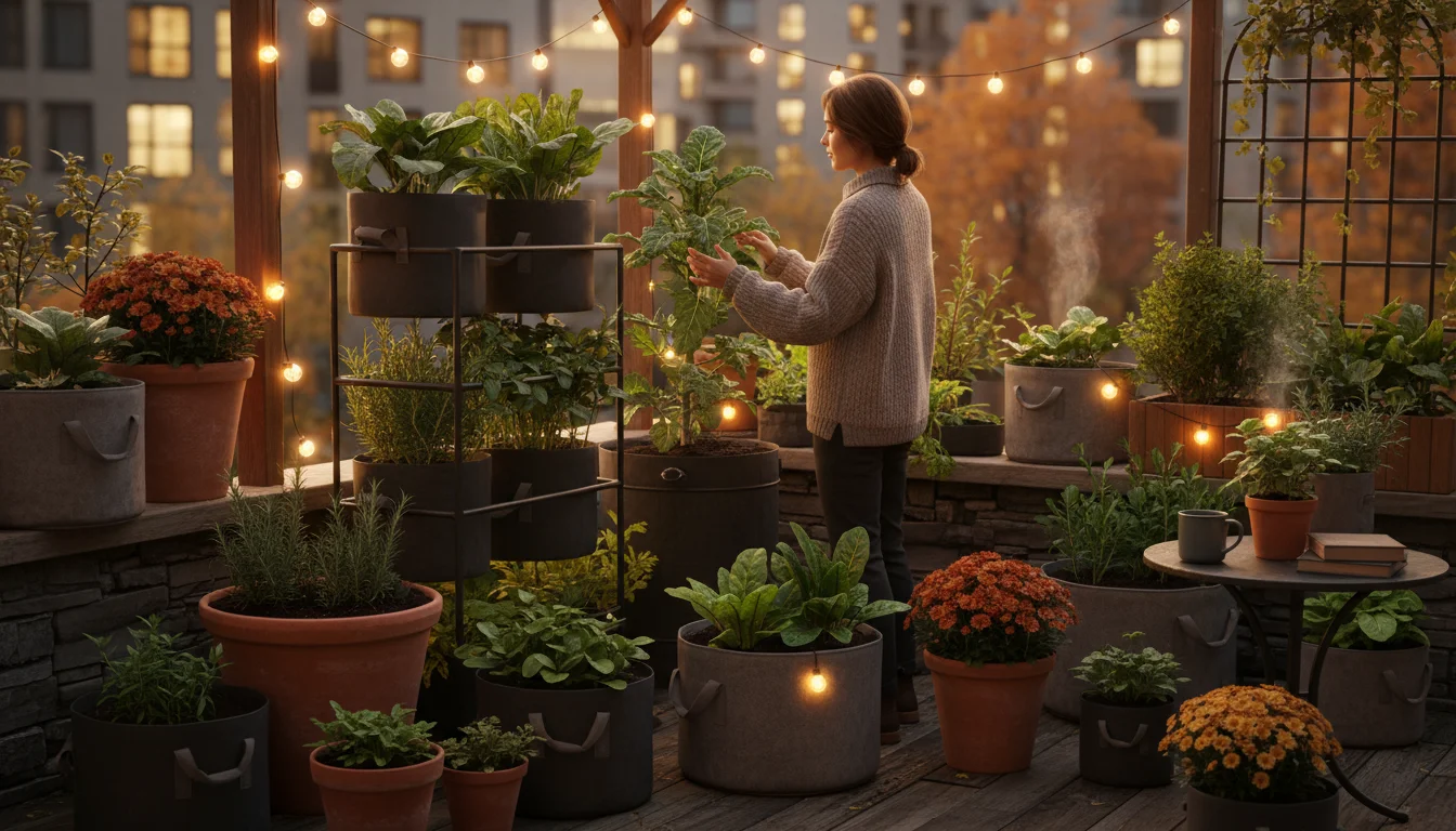 A person on a small patio gently touches a leafy plant in a deep terracotta pot, surrounded by various container gardens under warm light.