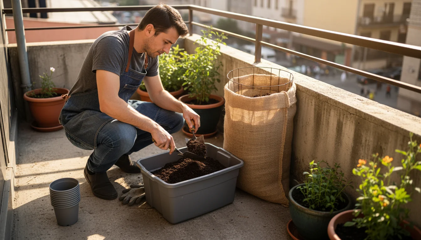 Person on a small, sunlit balcony carefully scoops dark, spent container soil into a burlap sack, with empty pots nearby.