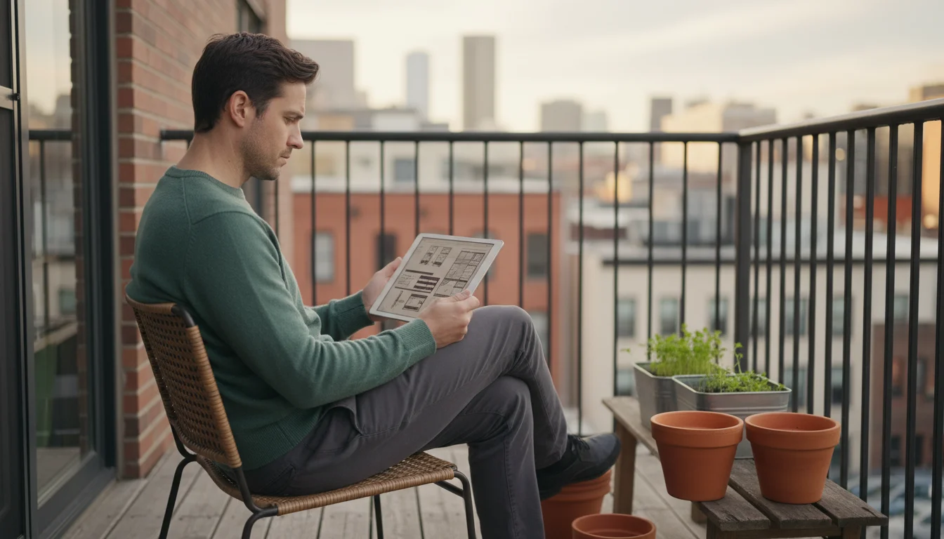 Person on a small urban balcony contemplating garden plans on a tablet, surrounded by empty pots and a hint of autumn foliage.