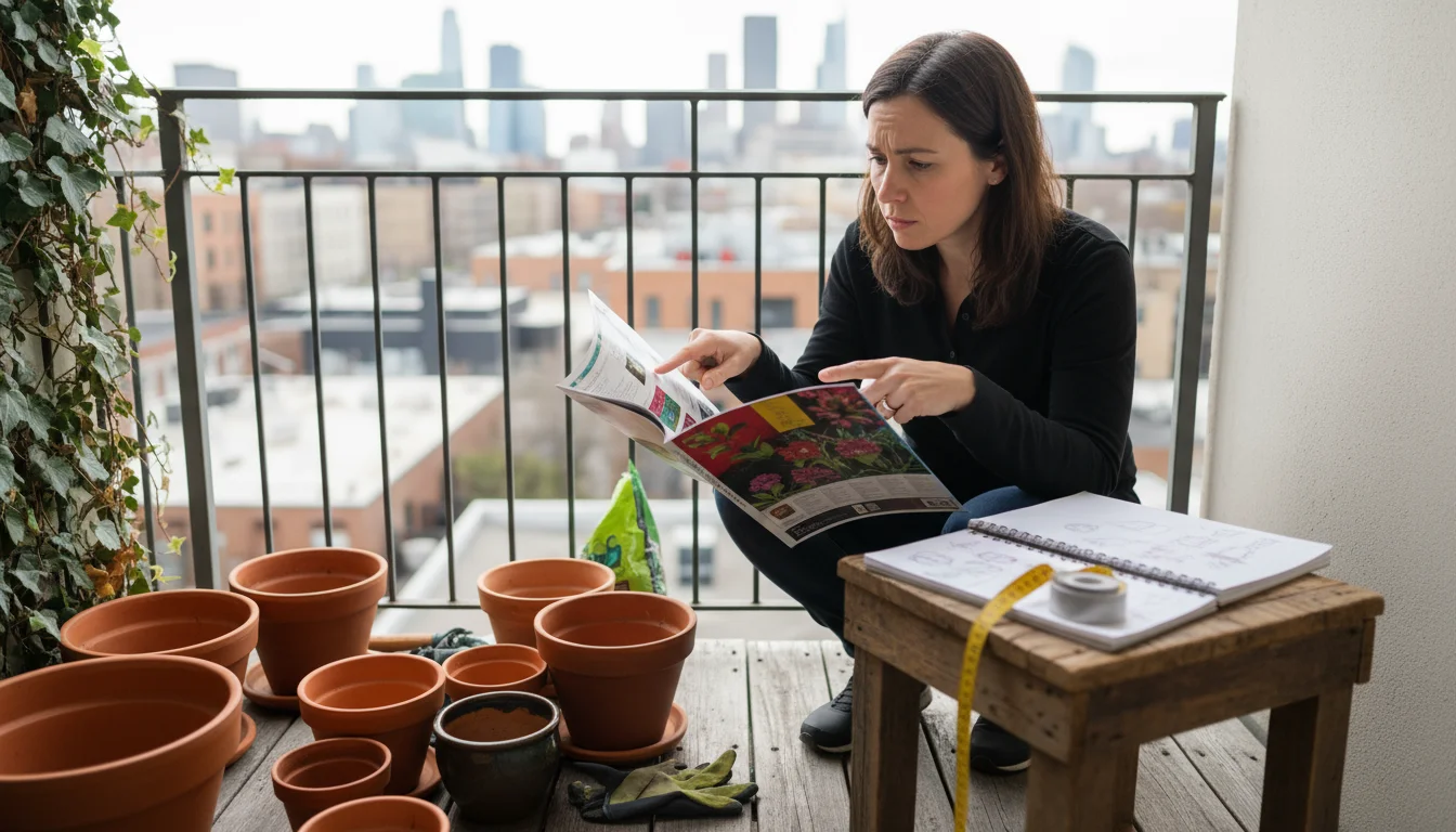 A person on a small urban balcony critically compares an open seed catalog to empty pots and limited space. A measuring tape lies nearby.