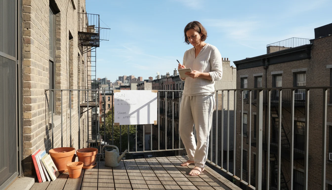 A person on a small urban balcony observes sun and shade patterns with a notebook and pen. Empty pots and planters are visible.