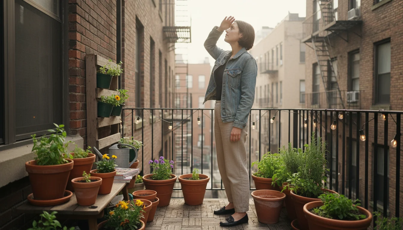 Person on a small urban balcony observes sunlight patterns among container plants and empty pots, assessing light exposure.