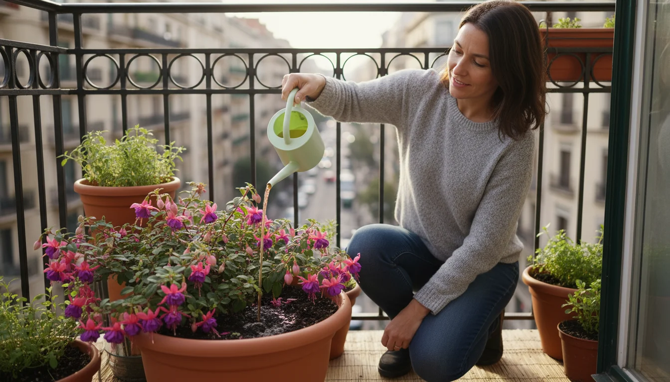 A person on a small urban balcony gently pours liquid fertilizer from a watering can onto a vibrant container plant, surrounded by other pots.