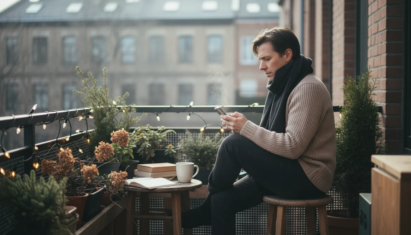 Person on a small urban balcony thoughtfully reviewing content on a smartphone, surrounded by diverse potted plants with winter interest.