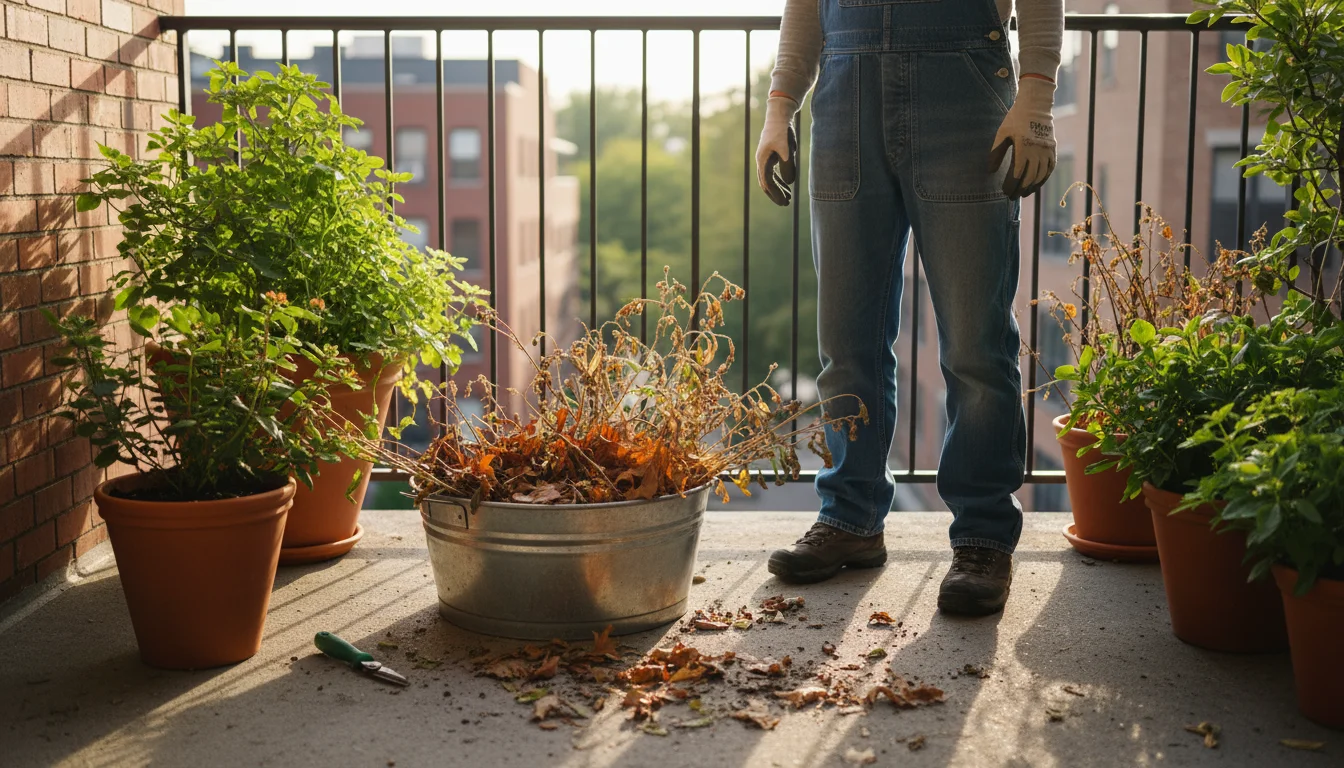 A person on a small urban patio with a trug of cleared winter debris, holding a notebook with a garden layout sketch, next to empty pots arranged for