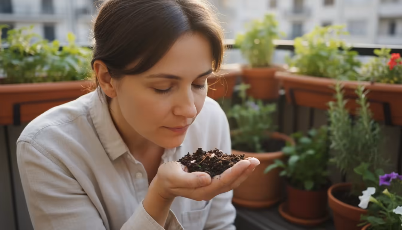 A person smells a handful of used potting mix, eyes closed in concentration, on a bright patio with blurred container gardens.