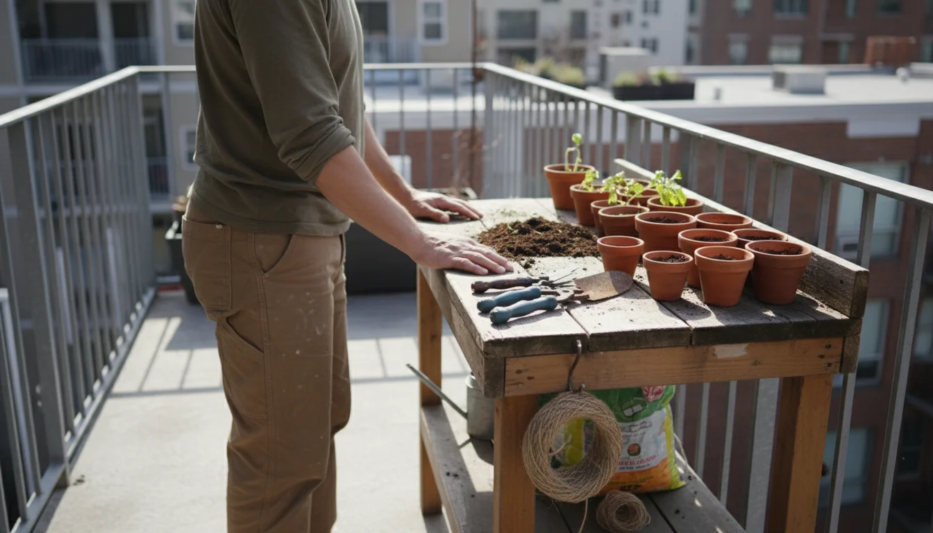 Person sorting gardening tools into toss, keep, and upgrade piles on a small wooden bench on an apartment patio.